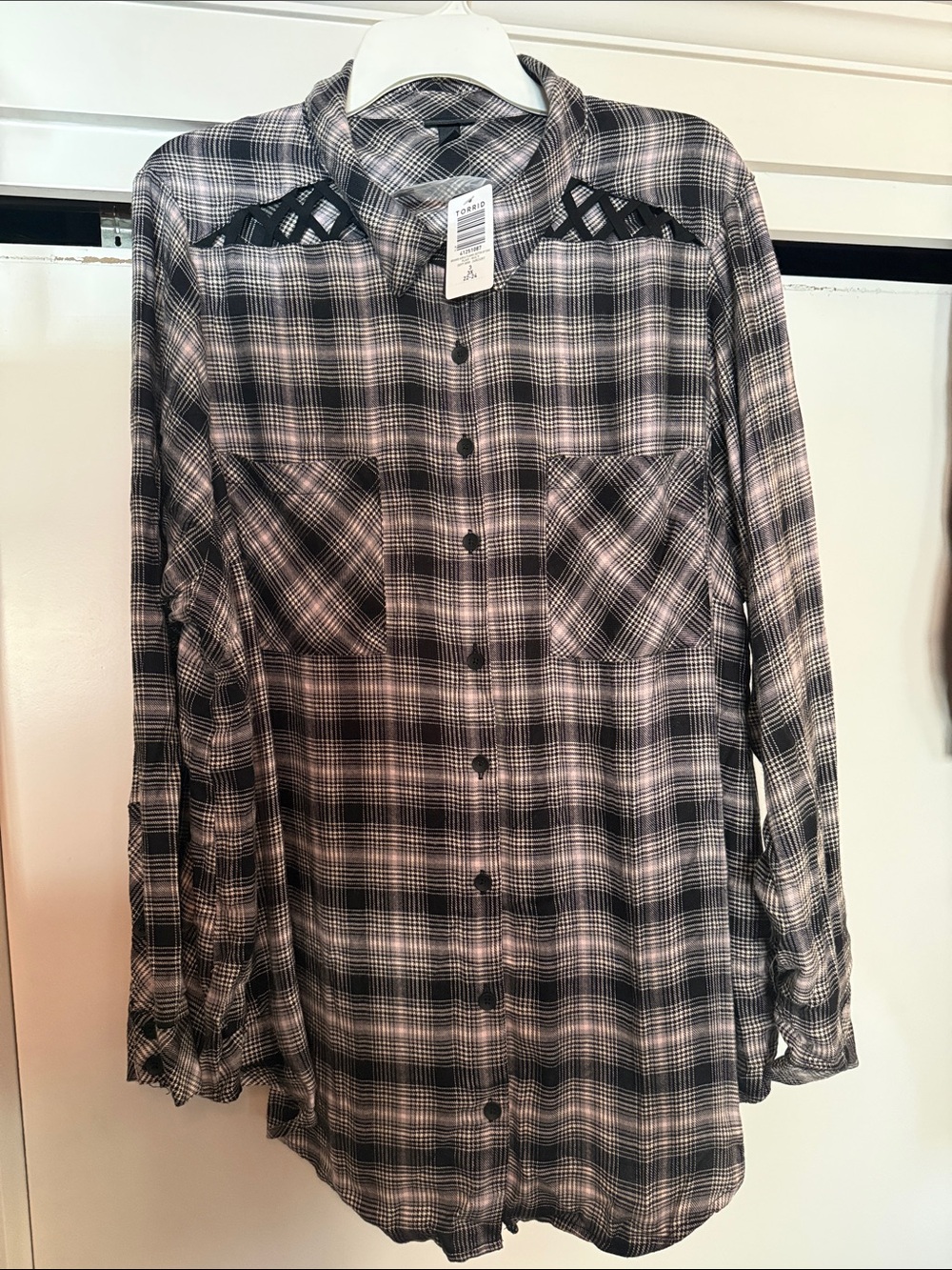 torrid Black & White Plaid Button-Front Shirt with Shoulder Lattice
